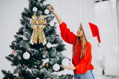 Miniatura 4 de Lazo de Navidad grande para corona, lazo de corona de lunares rojos y verdes con purpurina para decoración de Navidad, lazo de caramelo de invierno