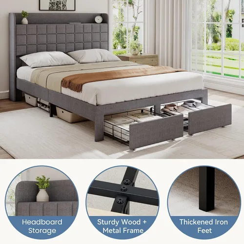 Miniatura 4 de DUMOS Base de cama tapizada de tamaño matrimonial, cama matrimonial con cajones de almacenamiento y cabecera de tela, soporte de listones de madera
