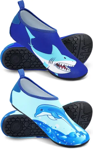 Newcotte 2 pares de zapatos de agua para niños, calcetines de secado rápido, calcetines de piscina con tiburones marinos, antideslizantes, natación,