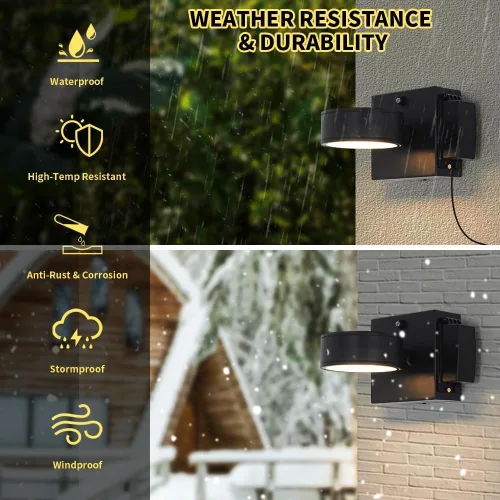 Miniatura 5 de Luces de Porche con Tomacorriente GFCI, Luz de Pared Exterior de Anochecer a Amanecer con Tomacorriente, Lámpara Exterior de Aluminio LED Negro