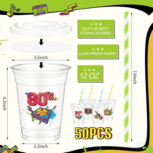 Miniatura 3 de FoldTier 50 tazas de plástico desechables de los años 80 de 12 onzas G Back to 80s tazas gruesas temáticas de los años 80 tapas para tazas