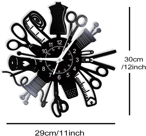 Miniatura 2 de Reloj de pared de costura, máquina de coser de 12 pulgadas, diseño de disco de vinilo, reloj de pared silencioso de cuarzo sin tictac, vintage, Sin