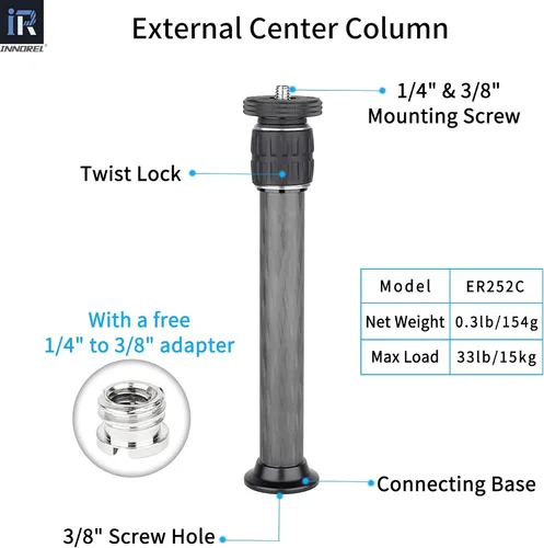 Miniatura 2 de INNOREL ER252C Universal 10 capas de fibra de carbono trípode centro columna extensión trípode dos secciones media columna poste para trípode