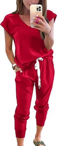 PRETTYGARDEN Camiseta de manga corta y pantalones largos con cuello en V para mujer