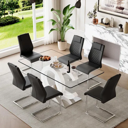 Miniatura 63 de gopop Mesa de comedor de cristal de 63 pulgadas, mesa de cocina moderna, mesa de comedor de vidrio transparente con patas de diseño único negro