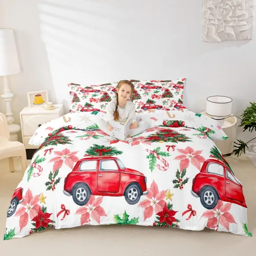 Miniatura 2 de Erosebridal Juego de funda de edredón de flores de pascua, diseño de árbol de Navidad verde, tamaño individual, colorido con luces de Navidad, juego