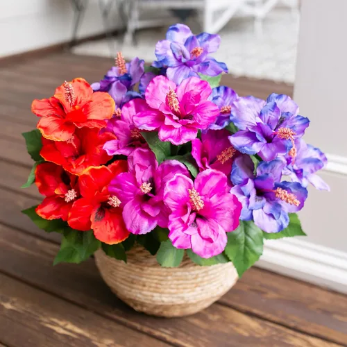 Miniatura 4 de HyeFlora Flores artificiales para exteriores, hibisco sintético, decoración exterior de verano, 4 paquetes de plantas artificiales tropicales