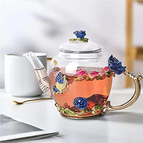 Miniatura 5 de Tetera creativa de cristal de flores para té de Kung Fu, buen regalo para hermana, mamá, abuela, profesores (rosa azul)