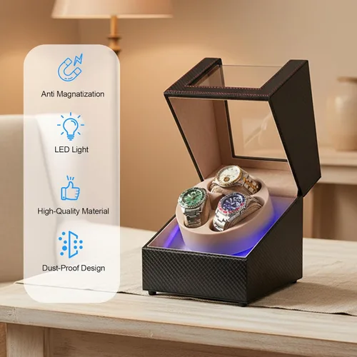 Miniatura 2 de Bobinador de relojes Anyasun para relojes automáticos, caja de bobinador de 3 relojes con pantalla LED, motor japonés ultra silencioso, 4 modos