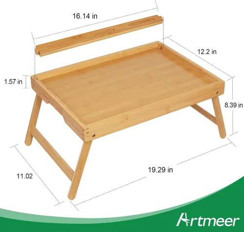 Miniatura 6 de Artmeer Bandeja de cama con patas plegables, bandeja de bambú para desayuno con ranura multimedia, uso como plato, escritorio para laptop