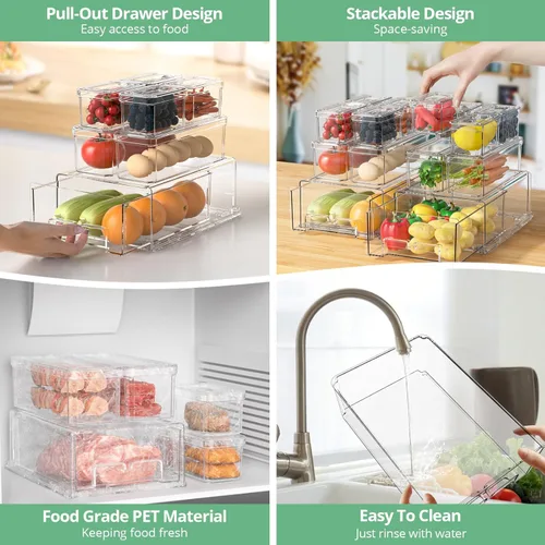 Miniatura 5 de damynuo Paquete de 14 contenedores organizadores de refrigerador, contenedores organizadores transparentes para refrigerador con tapas y cajones