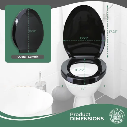 Miniatura 3 de Renovators Supply Manufacturing Asiento de inodoro alargado de plástico negro con cierre suave y silencioso, tapa de cierre silencioso, asiento