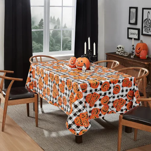 Miniatura 8 de Newbridge Mantel de vinilo con parte trasera de franela de Halloween Jack O Lantern Pumpkin Farm, diseño de calabazas y murciélagos a cuadros negros