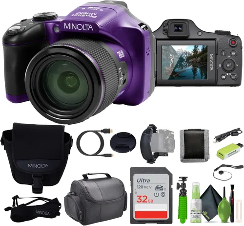 MINOLTA MN67Z - Cámara digital de puente FHD de 20 MP / 1080P con zoom óptico de 67x (morado) Paquete con tarjeta de memoria de 32 GB + bolsa de