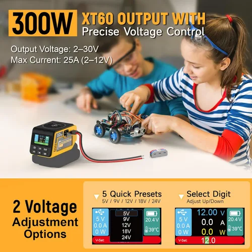 Miniatura 2 de Kzreect Regulador de voltaje ajustable de 300 W CC 2-30 V compatible con batería DeWalt de 18 V/20 V XT60 de salida, 140 W tipo C, 18 W USB-A