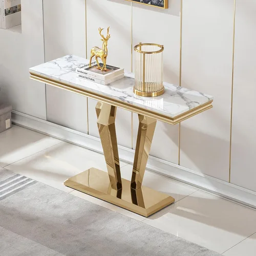 Miniatura 11 de Mesa de centro de mármol negro Henf de lujo, mesa auxiliar rectangular de mármol sintético de imitación con base de acero inoxidable dorado