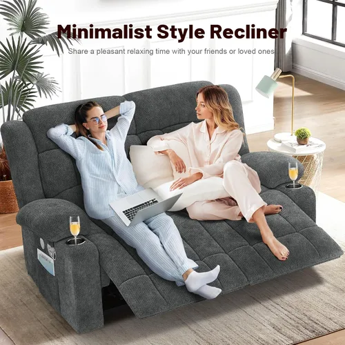 Miniatura 6 de Juego de Sofá Reclinable de Dos Plazas con 2+1 Piezas, Sillón Reclinable Minimalista de 2 Plazas con Pestaña de Tirón Manual, Tela con Puertos