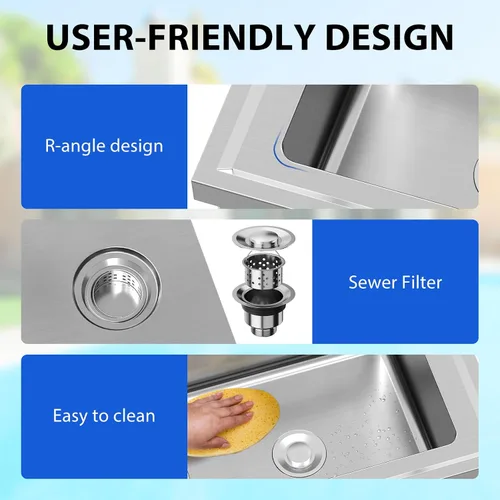 Miniatura 6 de Fregadero de cocina de acero inoxidable, fregadero utilitario de 24 x 20 x 41 pulgadas con grifo extraíble, grifo de agua caliente y fría, cuenco