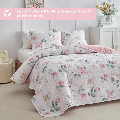 Miniatura 5 de Juego de edredón floral tamaño Queen 88x88 con flores rosas y amarillas, de microfibra suave, ligero, colcha reversible de verano de 3 piezas, juego
