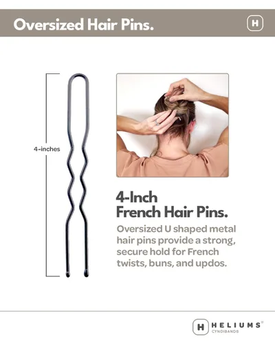 Miniatura 2 de Heliums Horquillas de metal grandes para el cabello francés, color negro, 4 pulgadas, pasador de acero en forma de U de metal resistente para moños