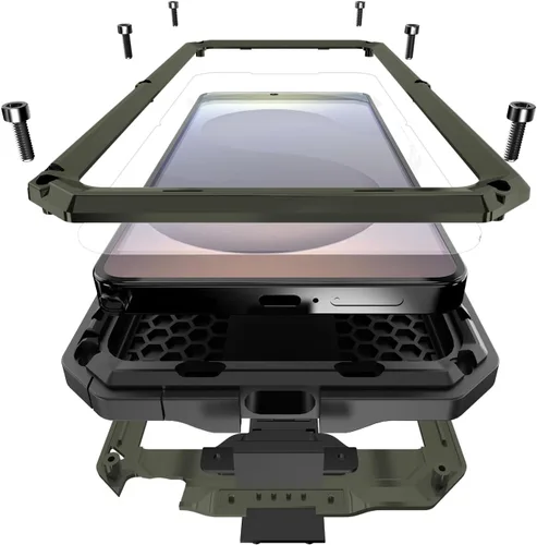 Miniatura 11 de Funda de metal compatible con Samsung Galaxy S22, resistente al polvo, de grado militar, con cubierta deslizante para cámara y soporte plegable