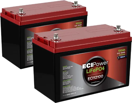 Paquete de 2 baterías recargables ECI Power LiFePO4 de litio de 12 V 100 Ah | Bluetooth | 5000 ciclos de vida y 10 años de vida útil | BMS integrado