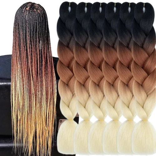 Miniatura 39 de Beige (613) Cabello trenzado 6 paquetes de extensiones de cabello sintético de 24 pulgadas, extensiones de cabello trenzado Jumbo Ombre trenzado