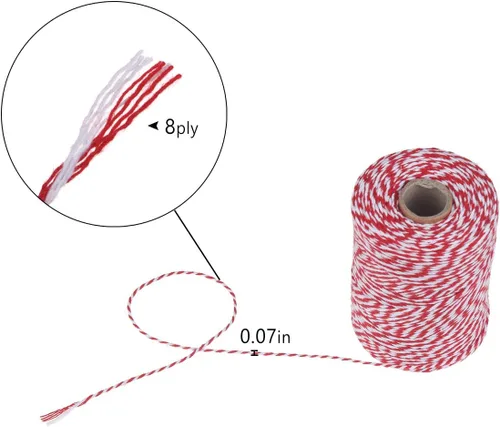 Miniatura 3 de CCINEE Cordel para panaderos rojos y blancos de 656 pies, cuerda de embalaje de algodón, cuerda para envolver manualidades, 0.079 in 218 Yarda