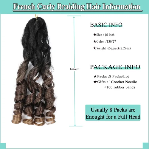 Miniatura 2 de Cabello rizado francés para trenzar, 8 paquetes, 16 pulgadas degradado, preestirado, previamente enrollado con extremos rizados, rizo de rebote
