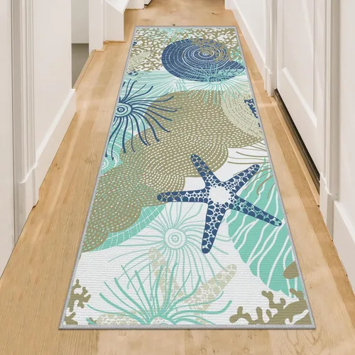 Tritard Alfombra de pasillo costera de 2 x 6 pies, alfombra náutica para pasillo de cocina, con temática de playa, antideslizante, lavable a C1