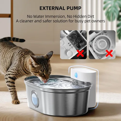 Miniatura 5 de uahpet Fuente de agua inalámbrica para gatos de acero inoxidable Pro, bomba externa a batería, dispensador de beber para perros con ventana de nivel