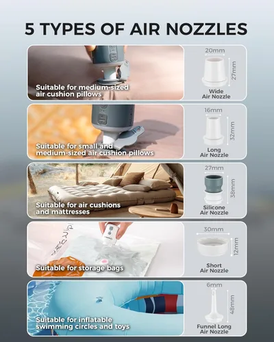 Miniatura 6 de Bomba de aire portátil para inflables, mini bomba de aire pequeña de 4.5 KPa con batería de 1600 mAh y luz de campamento, bomba eléctrica recargable