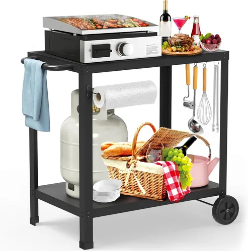 Mesa de parrilla de 32x20 Pulgadas con Dobles Estantes, Carro de Parrilla al Aire Libre para Plancha Blackstone, Carro de Mesa de Horno de Pizza