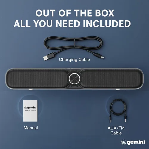 Miniatura 7 de Gemini Barra de sonido Bluetooth portátil alimentada por batería con radio FM incorporada, USB y microSD, altavoz inalámbrico