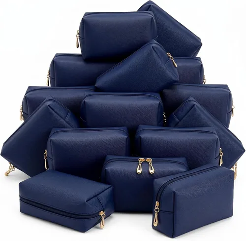Miniatura 13 de Kigeli 15 piezas de bolsas de maquillaje estéticas, bolsas de cosméticos de cuero PU impermeables, bolsas de aseo lisas, bolsas de maquillaje a