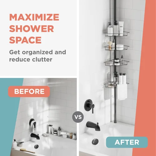 Miniatura 9 de Zenna Home Organizador de esquina con poste de tensión, organizador de ducha ajustable con 4 cestas, organizador de barra de tensión de baño Negro