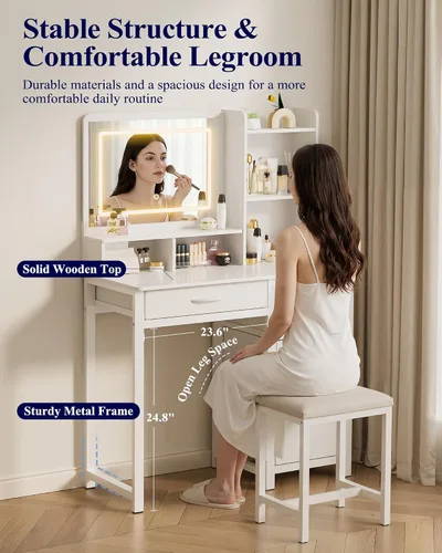 Miniatura 5 de Kitsure Escritorio de tocador con espejo y luces, tocador de maquillaje de gran capacidad con 4 cajones de almacenamiento de tela y 3 modos