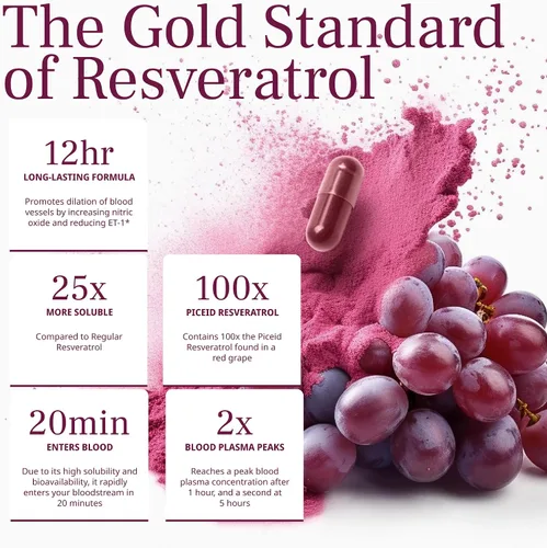 Miniatura 8 de VINIA Cápsulas de suplemento de resveratrol Piceid. Aumenta el flujo sanguíneo y el óxido nítrico. Presión arterial y apoyo a la salud cardíaca