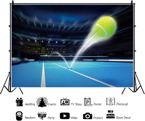 Miniatura 2 de Leyiyi Fondo de fotografía para cancha de tenis de 6 x 4 pies, luces de estadio, pelota de tenis voladora, fondo de juego, accesorios de estudio