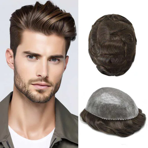 Miniatura 17 de Toupee para hombres Sistema de reemplazo de cabello humano real para hombres Completo PU Mens Hairpiece de aspecto natural para hombre piezas