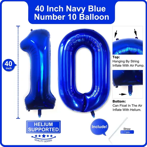 Miniatura 2 de Lovoir Globo azul marino de 40 pulgadas con número 10 dígitos gigantes, helio azul oscuro para decoración de celebración de cumpleaños de 10 años