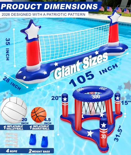 Miniatura 4 de Grandes juegos inflables de piscina, red de voleibol y aro de baloncesto con 2 pelotas de playa, bandera estadounidense, juguetes de agua