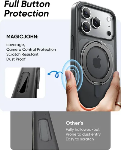 Miniatura 8 de MAGIC JOHN Soporte Magnético Invisible Giratorio 360° para Funda de iPhone 17 Pro [Botón de Control de Cámara] [Compatible con MagSafe] 16 FT Negro