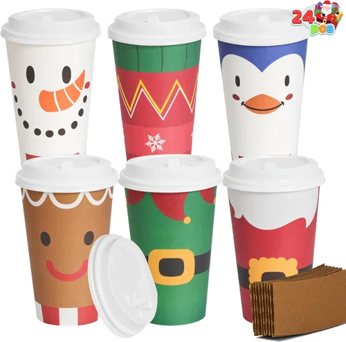 Miniatura 10 de JOYIN 24 piezas de vasos de papel desechables de Navidad, vasos de fiesta de Feliz Navidad de 16 oz con mangas y tapas, 4 diseños de vajilla