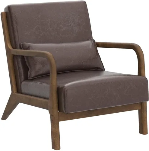 Miniatura 4 de Glitzhome 30.75 "H Mid Century Coffee Accent Sillón, Sillón de lectura individual Silla de salón de cuero PU con marco de madera de caucho nogal