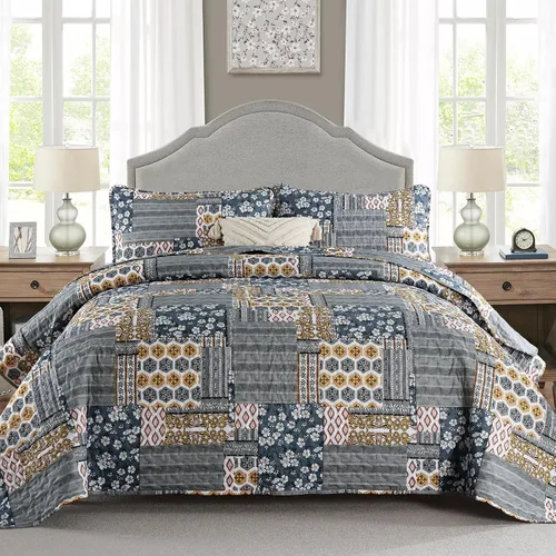 Miniatura 35 de Mybedsoul Juego de edredón bohemio beige tamaño individual, juego de colcha floral a cuadros de 3 piezas, juego de ropa de cama reversible