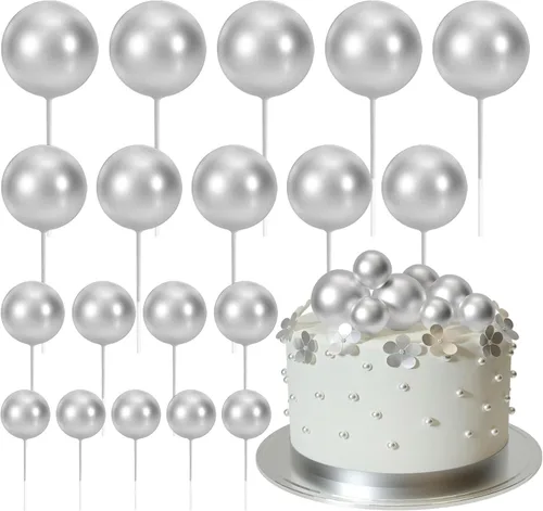 ASTARON 20 piezas de decoración de bolas para pastel, mini globos, decoración de pastel con palos, bolas de pastel plateadas para graduación, boda,