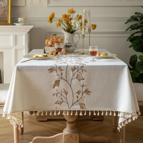 Miniatura 9 de Oubonun Mantel rectangular de lino de algodón, resistente a las arrugas y resistente al agua, lavable a máquina con borlas para cocina y comedor, 55