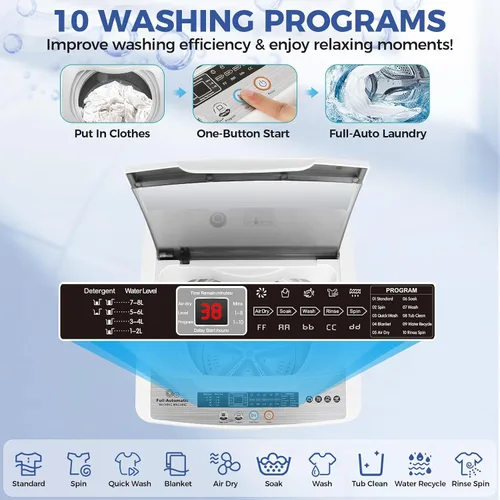 Miniatura 3 de Nictemaw Lavadora portátil, capacidad de 20 libras, lavadora portátil completamente automática, lavadora compacta de 2.8 pies cúbicos con 10 Blanco