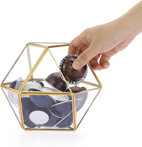 ELLDOO Soporte para cápsulas de café de vidrio dorado, caja de vidrio de 14 caras de gran capacidad para tazas K y cápsulas Nespresso,